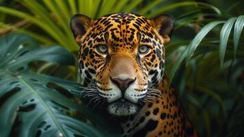 AI generated A beautiful jaguar looks straight into the camera photo