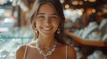 AI generated A beautiful girl chooses a necklace for herself in a jewelry store photo