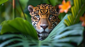 AI generated A beautiful jaguar looks straight into the camera photo