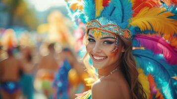 ai generado un hermosa mujer bailes a un carnaval en un carnaval disfraz foto