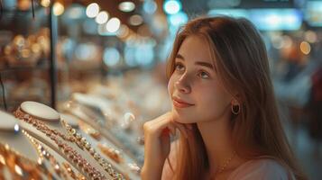 AI generated A beautiful girl chooses a necklace for herself in a jewelry store photo