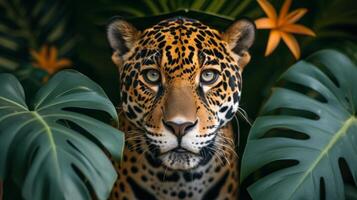 ai generado un hermosa jaguar mira Derecho dentro el cámara foto