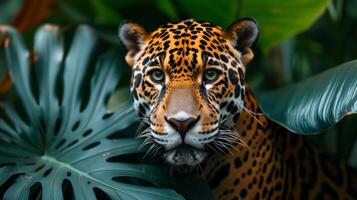 AI generated A beautiful jaguar looks straight into the camera photo