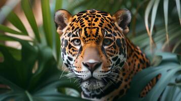 ai generado un hermosa jaguar mira Derecho dentro el cámara foto