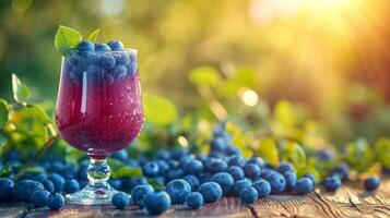 AI generated A glass with blueberry compote stands on a wooden table next to it photo