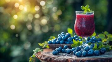 AI generated A glass with blueberry compote stands on a wooden table next to it photo