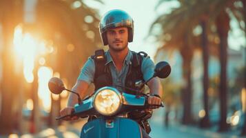 AI generated A young handsome man in a police uniform rides a moped along the embankment photo