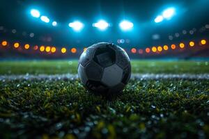 ai generado un fútbol pelota es en el antecedentes de un estadio foto