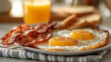 ai generado frito huevos y tocino en un hermosa blanco plato foto