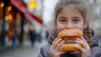 ai generado niña 12 años antiguo come un grande hamburguesa en un calle café en ciudad foto