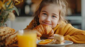 AI generated Girl eating croissant for breakfast with orange juice photo