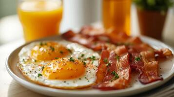 AI generated Fried eggs and bacon on a beautiful white plate photo