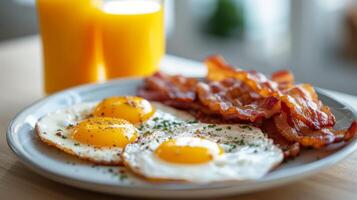 ai generado frito huevos y tocino en un hermosa blanco plato foto