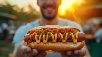 ai generado un sonriente hombre sostiene un grande sabroso caliente perro en su mano foto