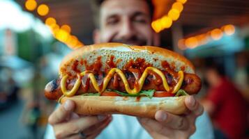 ai generado un sonriente hombre sostiene un grande sabroso caliente perro en su mano foto