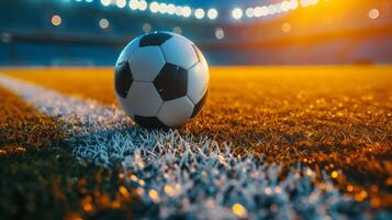 AI generated Close-up of a soccer ball lying on a football stadium photo