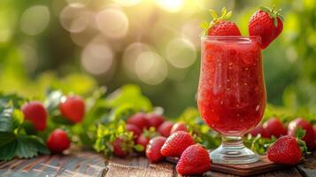 AI generated A glass with strawberry compote stands on a wooden table next to it photo