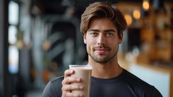 AI generated A handsome, athletic-looking man is holding a glass of smoothie in his hand photo