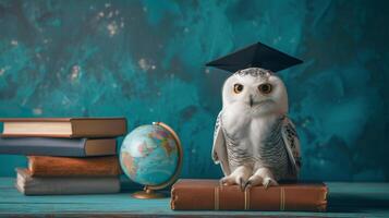 AI generated Cute Snowy Owl with big eyes wearing a graduation cap sits next to a globe photo