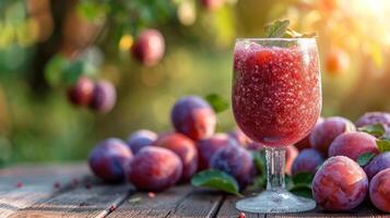 AI generated A glass with plum compote stands on a wooden table next to it photo