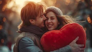 ai generado un hermoso chico da un grande felpa rojo corazón a su amado niña foto