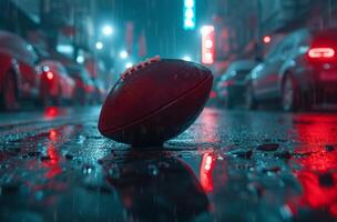 AI generated an american football on the pavement of a street during a late night game photo