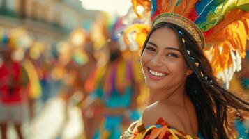 ai generado un hermosa mujer bailes a un carnaval en un carnaval disfraz foto