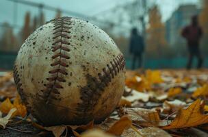 ai generado un béisbol pelota en el campo de fútbol americano fútbol americano jugadores en otoño foto