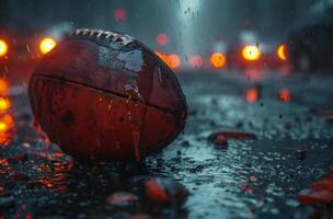 ai generado un americano fútbol americano en el pavimento de un calle durante un tarde noche juego foto