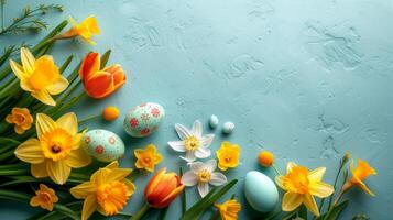 AI generated Beautiful Easter background for advertising with daffodils, tulips and colorful Easter eggs. photo