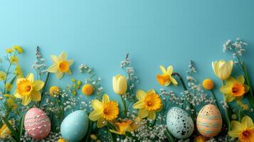 AI generated Beautiful Easter background for advertising with daffodils, tulips and colorful Easter eggs. photo