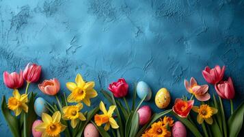 AI generated Beautiful Easter background for advertising with daffodils, tulips and colorful Easter eggs. photo