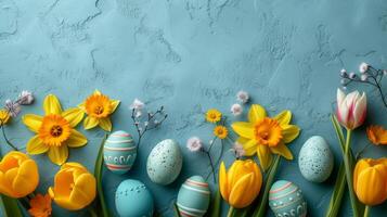 AI generated Beautiful Easter background for advertising with daffodils, tulips and colorful Easter eggs. photo
