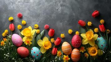AI generated Beautiful Easter background for advertising with daffodils, tulips and colorful Easter eggs. photo