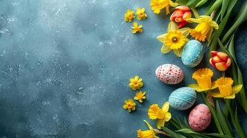 AI generated Beautiful Easter background for advertising with daffodils, tulips and colorful Easter eggs. photo