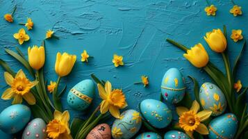 AI generated Beautiful Easter background for advertising with daffodils, tulips and colorful Easter eggs. photo