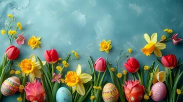 AI generated Beautiful Easter background for advertising with daffodils, tulips and colorful Easter eggs. photo