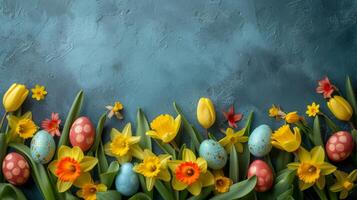 AI generated Beautiful Easter background for advertising with daffodils, tulips and colorful Easter eggs. photo