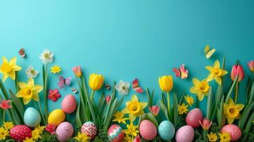 AI generated Beautiful Easter background for advertising with daffodils, tulips and colorful Easter eggs. photo
