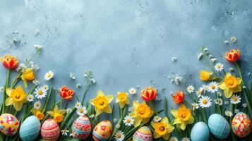 AI generated Beautiful Easter background for advertising with daffodils, tulips and colorful Easter eggs. photo