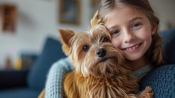 ai generado un 12 años de edad niña sostiene un mullido Yorkshire terrier perro en su brazos. foto