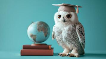 AI generated Cute Snowy Owl with big eyes wearing a graduation cap sits next to a globe photo