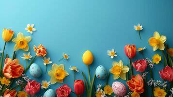 AI generated Beautiful Easter background for advertising with daffodils, tulips and colorful Easter eggs. photo
