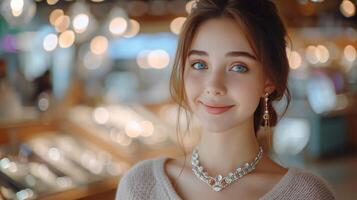 ai generado un hermosa niña elige un collar para sí misma en un joyería Tienda foto