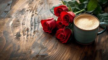 ai generado un ramo de flores de rojo rosas mentiras cerca un taza de capuchino en un de madera mesa con Copiar espacio foto