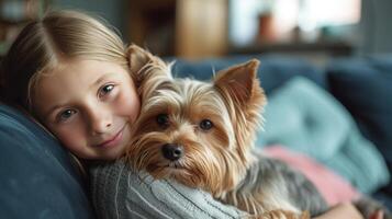 ai generado un 12 años de edad niña sostiene un mullido Yorkshire terrier perro en su brazos. foto