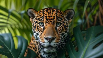 AI generated A beautiful jaguar looks straight into the camera photo