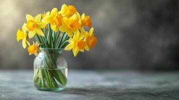 AI generated Bouquet of Daffodils in a glass vase on a minimalistic bright background photo