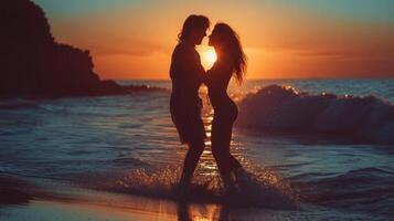 AI generated Beautiful young couple dancing at night music party on the beach photo