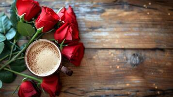 ai generado un ramo de flores de rojo rosas mentiras cerca un taza de capuchino en un de madera mesa con Copiar espacio foto